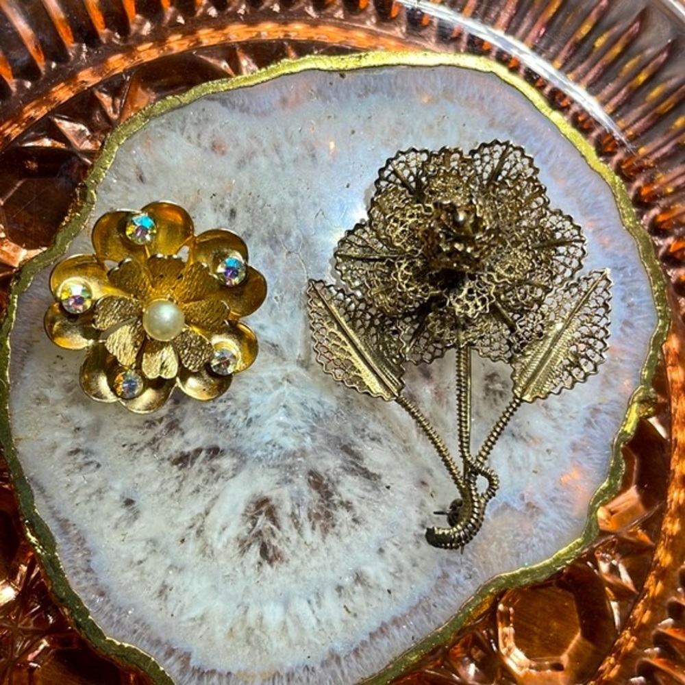 VINTAGE Brooch Set, Sterling Lace Cut, Gold Tone Coro
